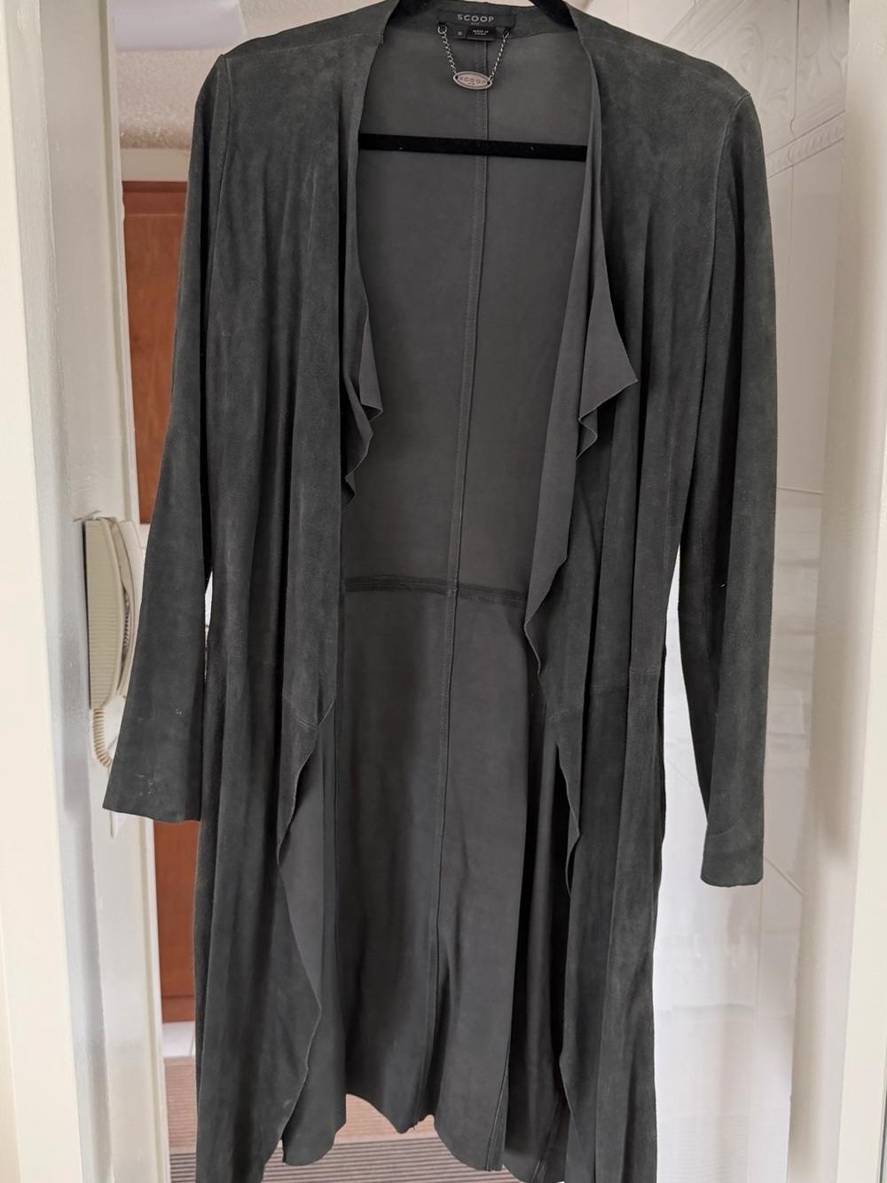 Vintage Scoop NYC Suede Open-Front Duster Coat - Dark Gray